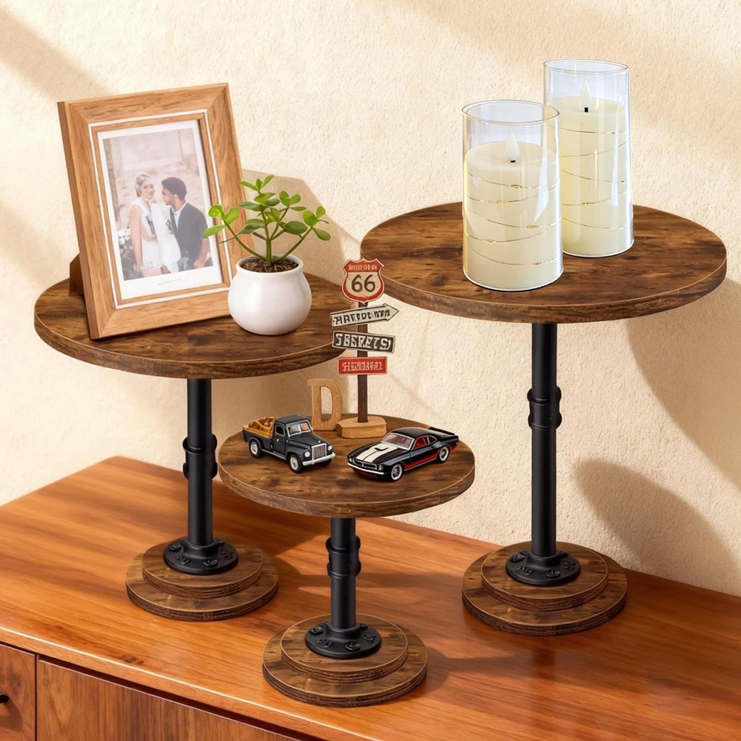 LLAXERGU Cake Stand Rustic Industrial Wood Round Cupcake Stands Cake Stand Set of 3 Dessert Table Display Set Serving Tray Decoration for Birthday Celebration Party Baby Shower