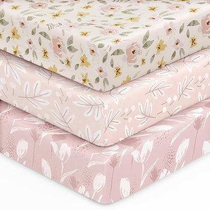 Unnivoll Baby Crib Sheets | Soft Microfiber Fitted Sheets for Standard Crib & Toddler Mattress - 3 Pack, Pink Flowers & Leaf, 28x52x8in