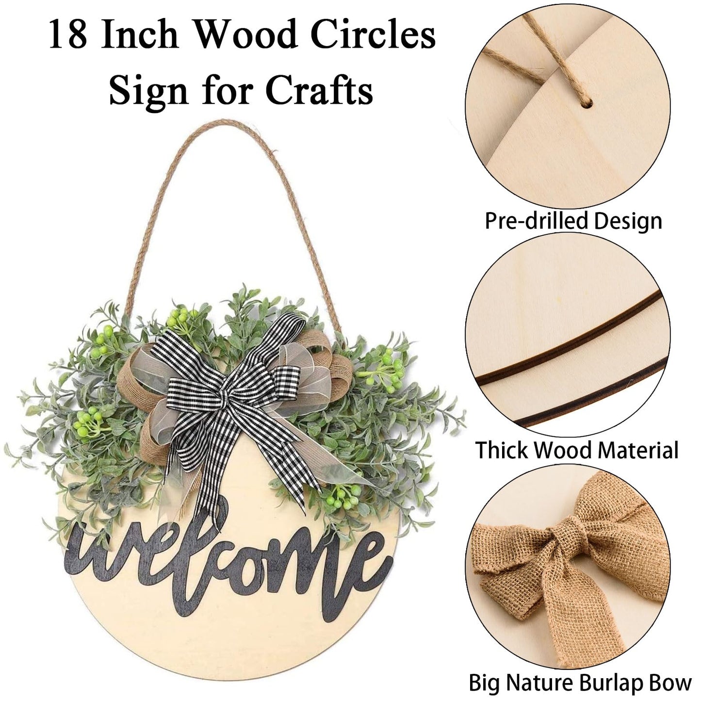 6 Pcs 18 Inch Wood Circles for Crafts Unfinished Round Wood Discs Blank Wooden Rounds Slices Round Wooden Door Hanger Signs with Bows, Twine and Glue Points for DIY Craft Holiday Decor,5 mm Thick