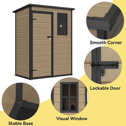 DWVO 5x3ft Resin Outdoor Storage Shed with Floor, Waterproof Lockable Storage Shed with Window, Plastic Outside Tool Storage for Garden Backyard Patio Lawn