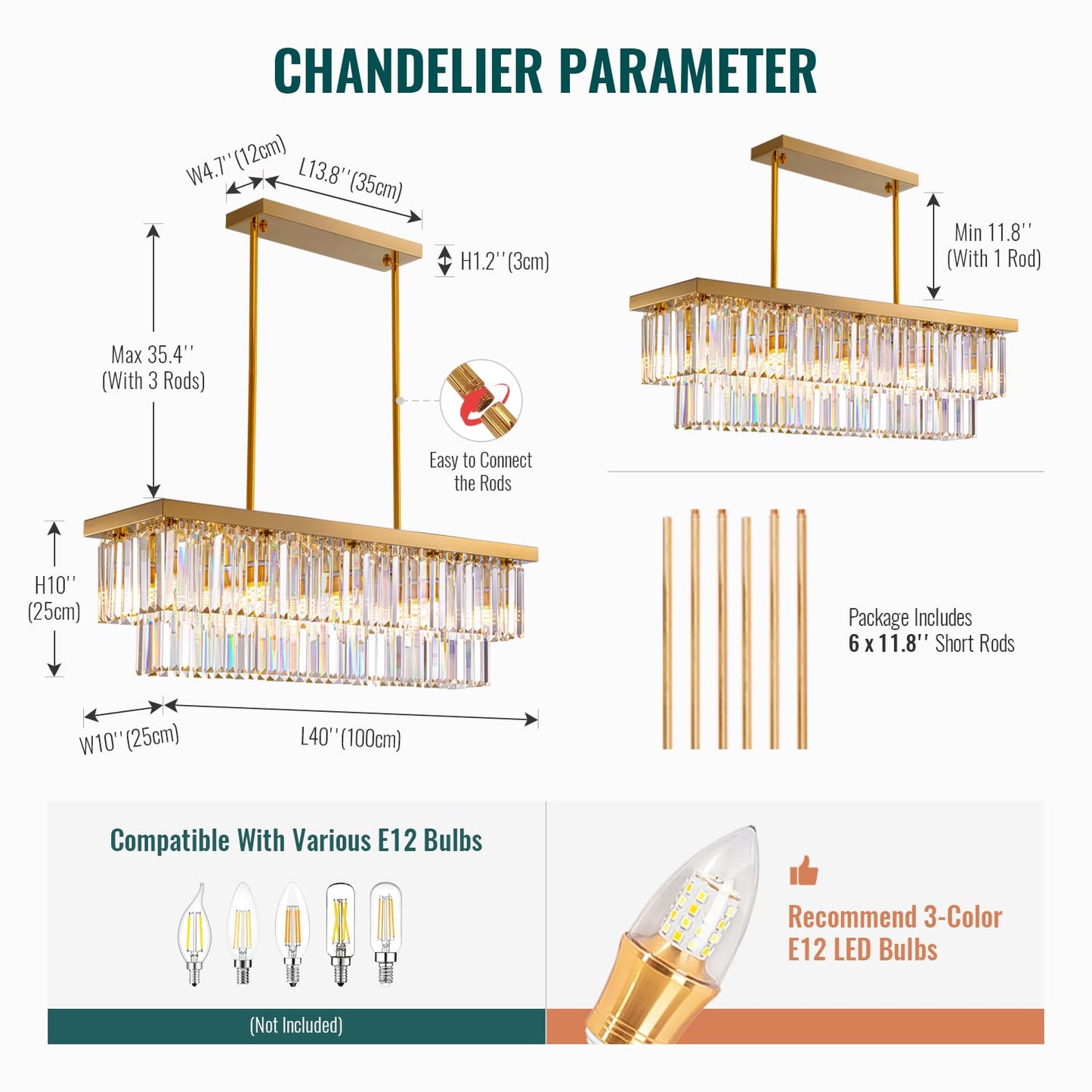 Siljoy 10-Light Rectangle Gold Crystal Chandelier for Dining Room Modern Rectangular 2 Tiers Crystal Raindrop Chandelier Linear Pendant Ceiling Light Fixture for Kitchen Island L40'' x W10'' x H10''