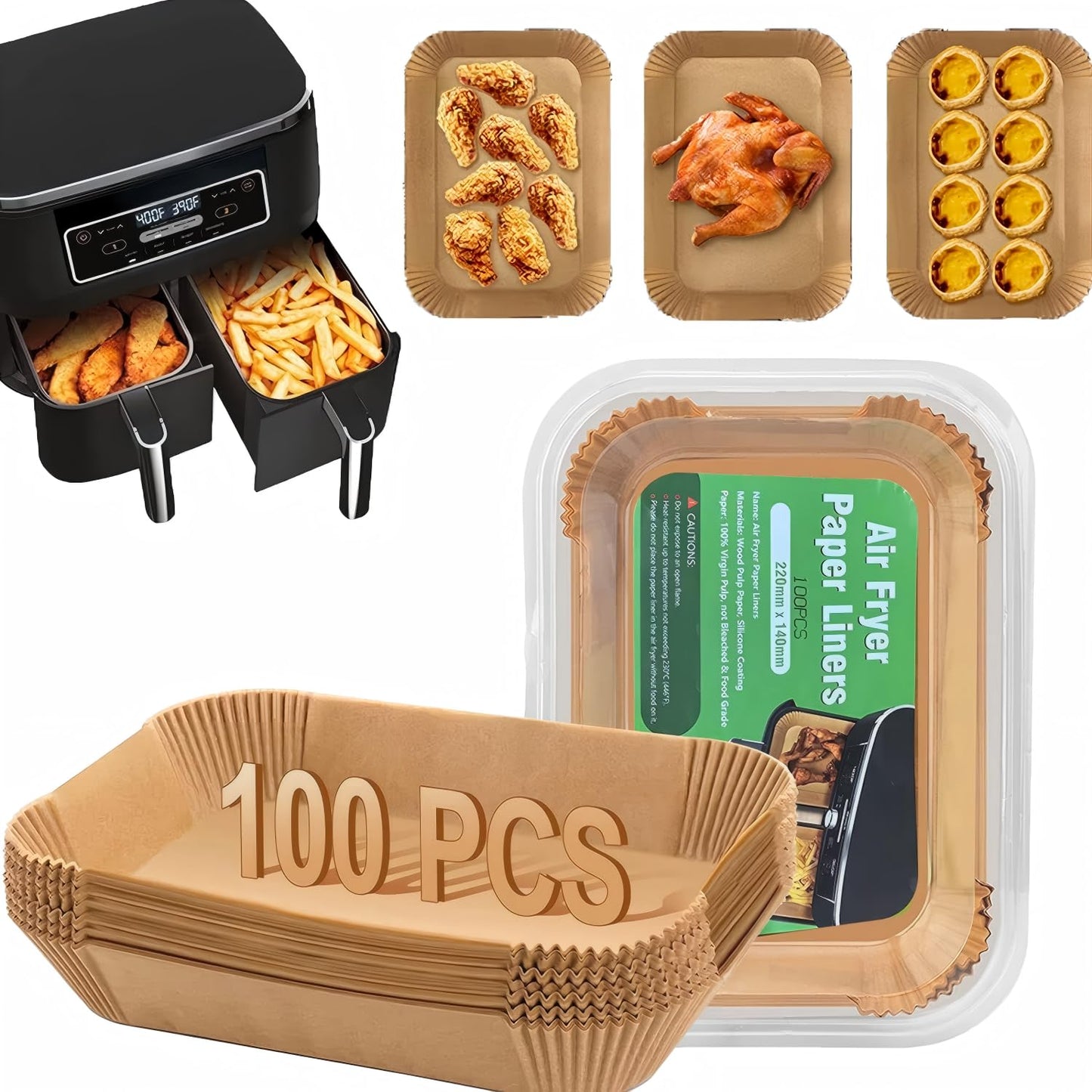 Air Fryer Disposable Paper Liner, Rectangular for Ninja 2-Basket Air Fryer, Natural Non-stick Parchment Paper Liner, 8.6x5.5 inch 125Pcs Rectangle Parchment Paper liners for DZ201, DZ401, FG551