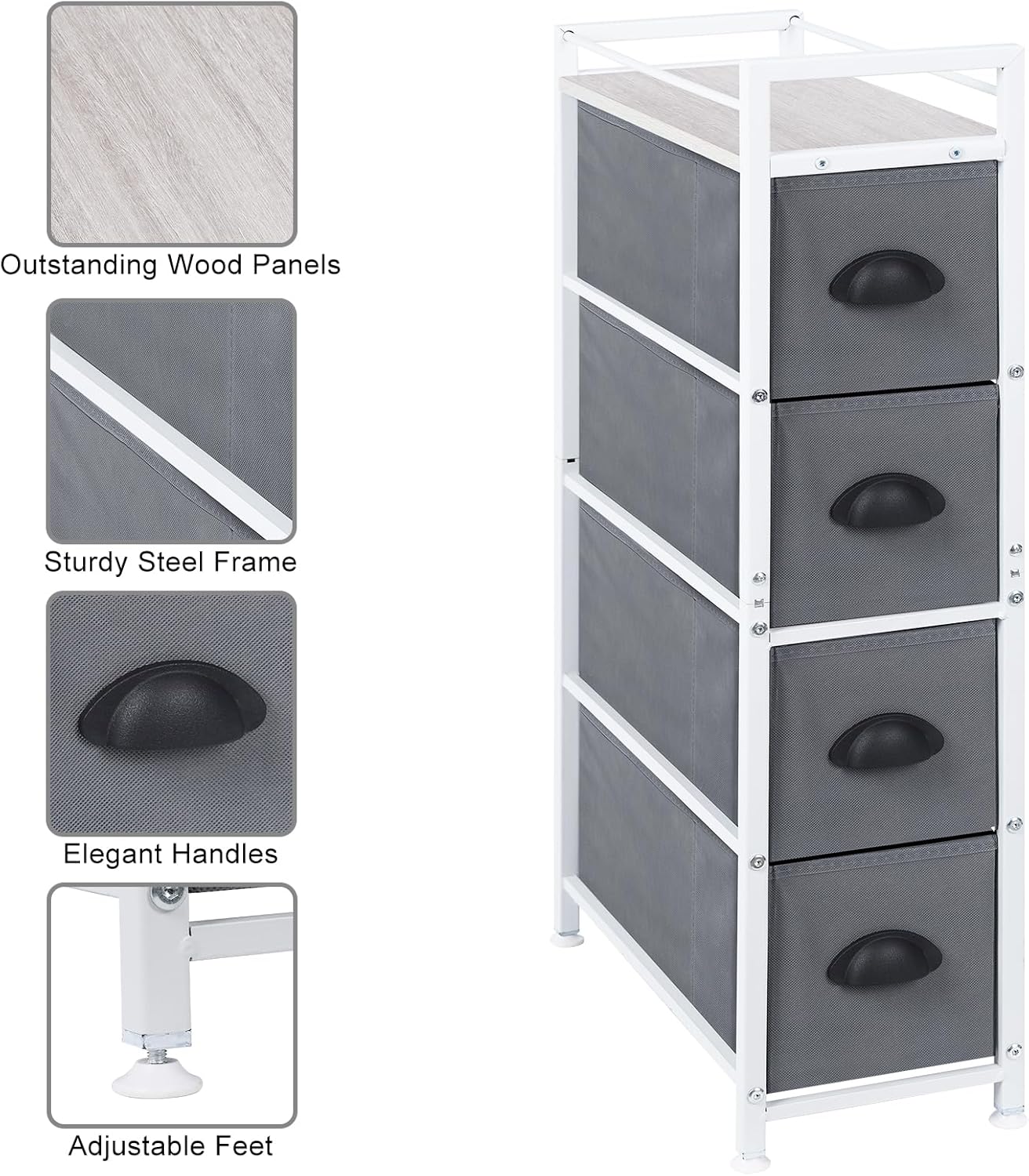 HAITRAL Narrow Dresser - 4 Drawers Slim Fabric Storage Cabinet with Removable Drawers for Laundry, Closet, Living Room