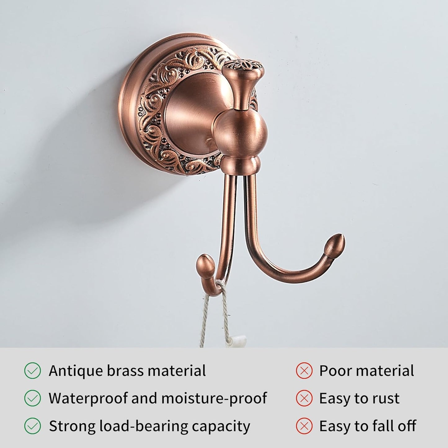 Red Copper Bath Towel Hooks, Wall Mounted Bathroom Hardware Accessories with Pattern Carving Design
