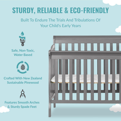 Dream On Me Jayden 4‑in‑1 Mini Convertible Baby Crib & Changer with Storage, Steel Grey, Pinewood, GreenGuard Gold & JPMA, 1” Mattress Pad, 3 Mattress Heights, Converts to Mini Day & Twin-Size Bed