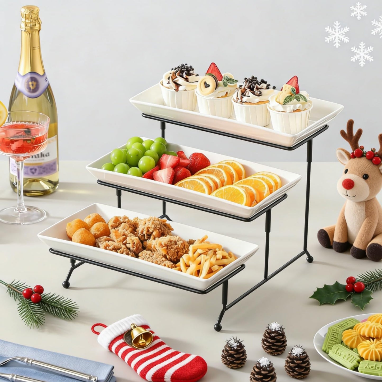 MALACASA 3 Tier Serving Trays for Party, Porcelain Serving Platters and Trays, 12 Inch Tiered Tray Stand, Fruit Tray, Trays for Serving Food, White Dessert Stand with Collapsible Sturdier Metal Rack