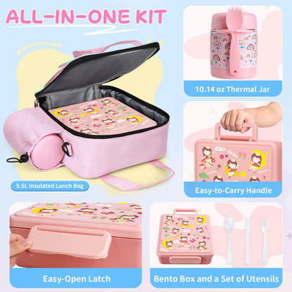 REDSHELL Bento Lunch Box for Kids Set, Leakproof Food Jar Pail with Insulated Bag, Toddler Snack Container Lunchbag for Girls Daycare, Back to School Lunchbox Kit, Includes Bottle Holder Strap, Pink