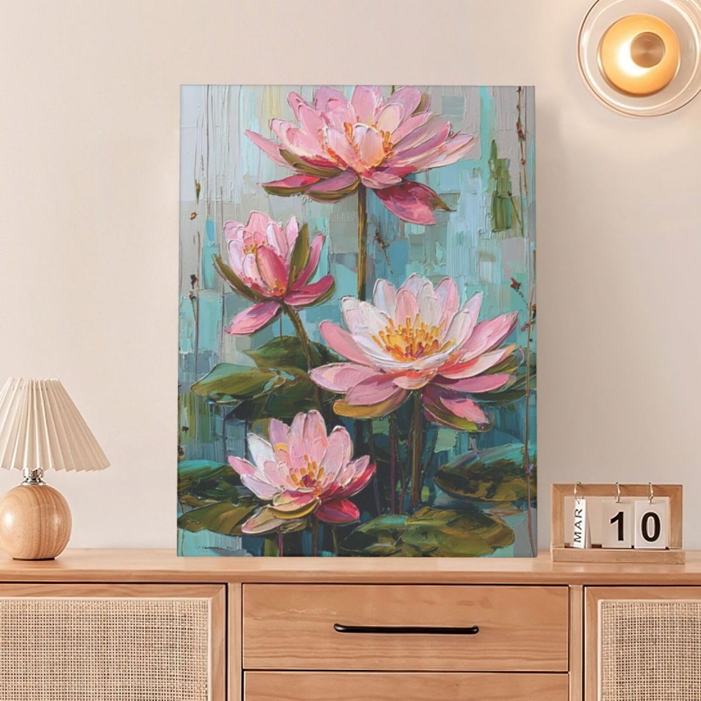 Pink Lotus Wall Art Zen Floral Pond Painting Meditation Peaceful Pictures Spa Room Wall Decor Artwork Framed Decoration For Bathroom Bedroom Living Room Office 12"x16"