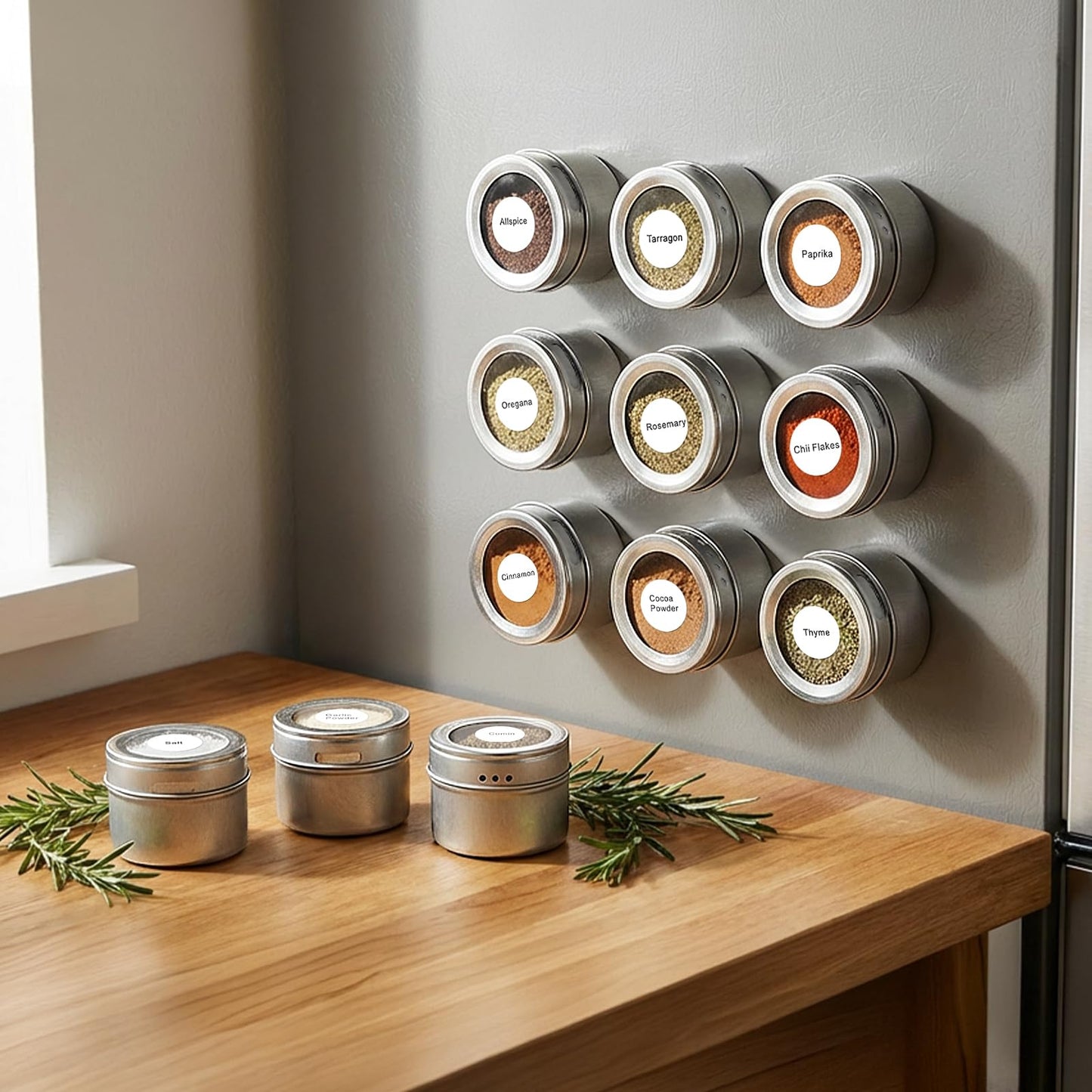 Bekith 20 Pack Magnetic Spice Jars, Magnetic Spice Containers for Refrigerator, Seasoning Tins with Clear Top Lid, 240 PVC Spice Label Set