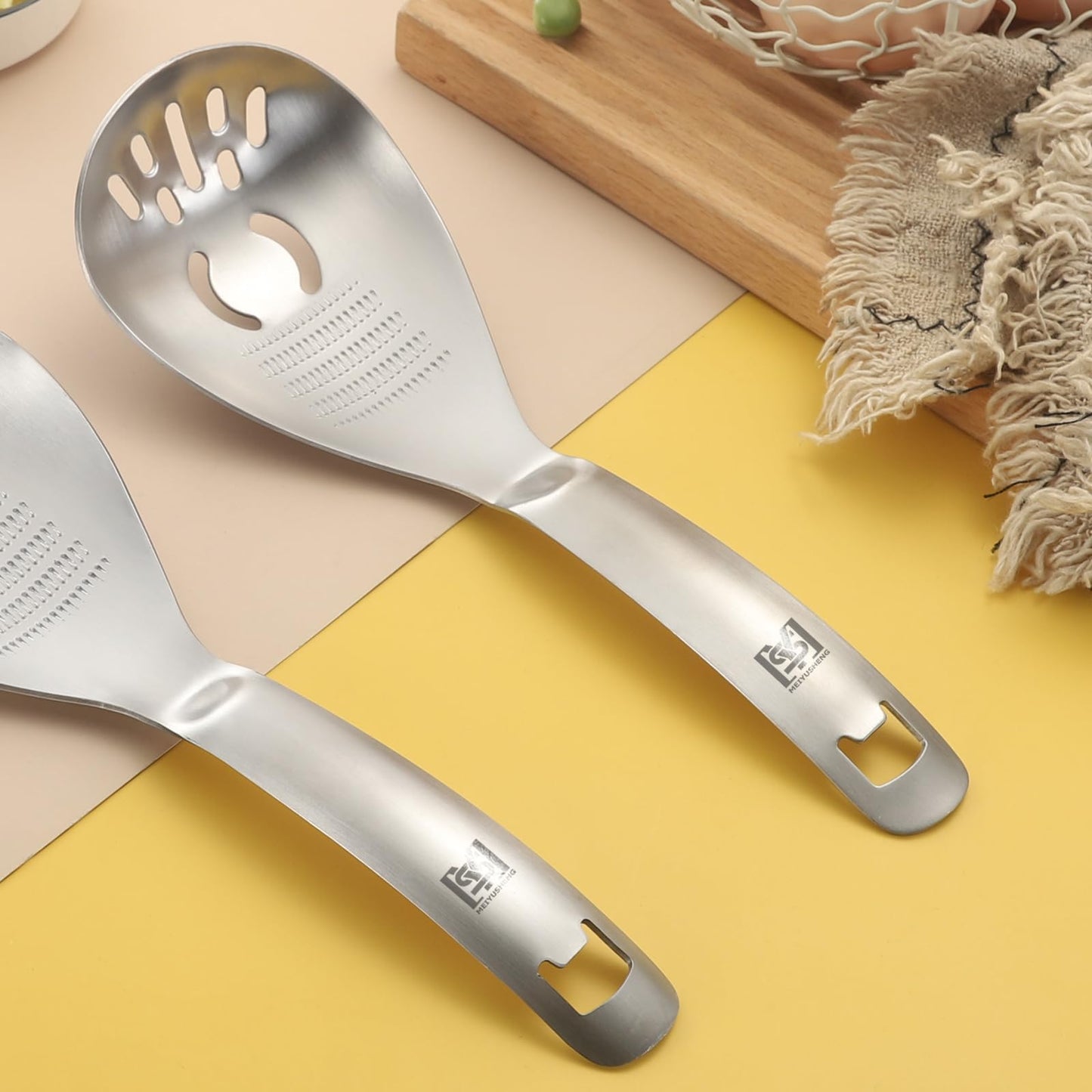 2PC Multi-Function Cooking Spoon with Potato Masher, Egg Yolk Separator, Grater Plate, Bottle Opener & Slotted Spoon - 304 Stainless Steel, MEIYUSHENG