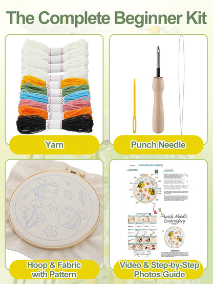 Punch Needle Kit Adults Beginner - Step-by-Step Video & Guide, Includes Hoop/Needle/Yarns/Punch Needle Fabric with Pattern, Spring Embroidery Craft Gifts for Women, Bees