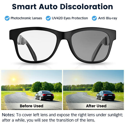 Bone Conduction Glasses, Open-Ear Headphones Bluetooth, Photochromic Sunglasses Anti Blue Ray, IP6 Waterproof Audio Glasses, Hand-Free Calling and Music, Smart Glasses for Women and Men
