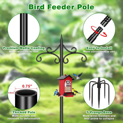 Skiennix Heavy Duty Double Shepherd Hooks - 72-Inch Adjustable Metal Bird Feeder Pole for Outdoor Use | 5-Prong Base