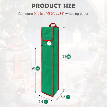 bruwaa 2 Pcs Gift Wrapping Paper Organizer Storage Bag with Pocket and Handles, 29" x 5.5" x 5.5" (Green)