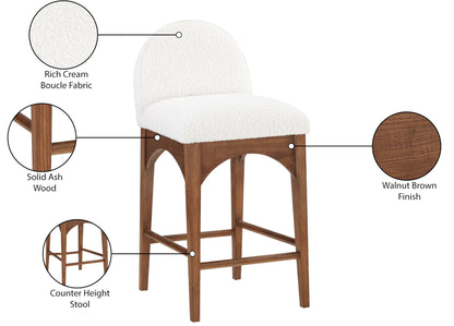 Meridian Furniture 399Cream-C Waldorf Collection Art Deco Stool with Rich Cream Boucle Fabric, Solid Ash Wood, Walnut Brown Finish, Counter Height Stool, 18" W x 20" D x 37" H, Cream