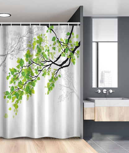 Ambesonne Nature Stall Shower Curtain, Twiggy Spring Tree Branch Leaves Graphic, Fabric Bathroom Decor Set with Hooks,