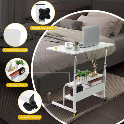 Adjustable Table Student Computer Portable Home Office Furniture Small Spaces Sofa Bedroom Bedside Desk Learn Play Game Desk on Wheels Movable with Storage Table Size 31.5 * 15.7 Inch,White D