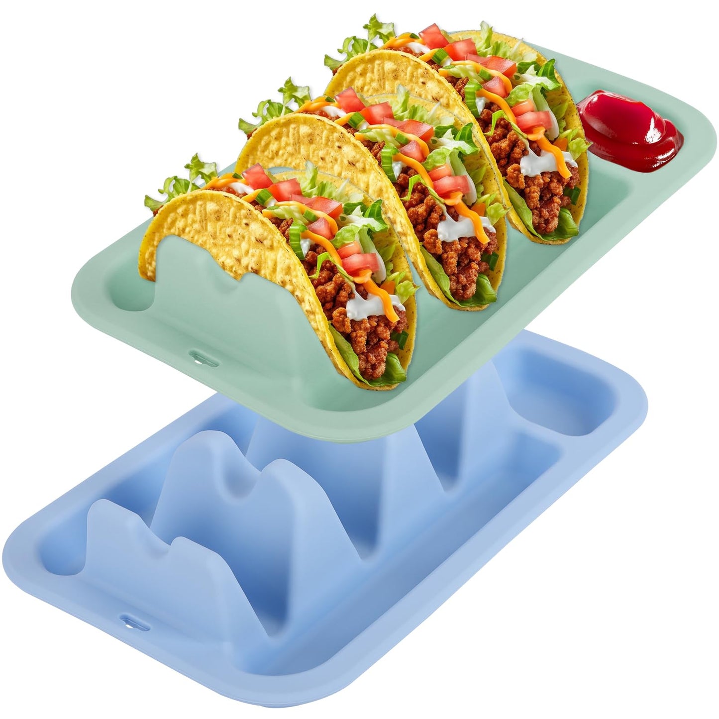Klyrnd Silicone Taco Holder Set of 2, Reusable Taco Plate with Dividers for Hard & Soft Shells - Microwave & Dishwasher Safe Serving Stand (Blue Green)