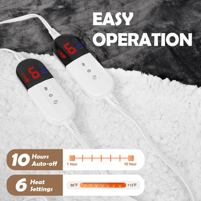 HOW'S MY HOUSE Heated Blanket Throw 50" x 60", Electric Blanket with 12 Time Settings & 6 Heating Levels, Over-Heat Protection, Flannel Sherpa Super Cozy with ETL Certification, Gray