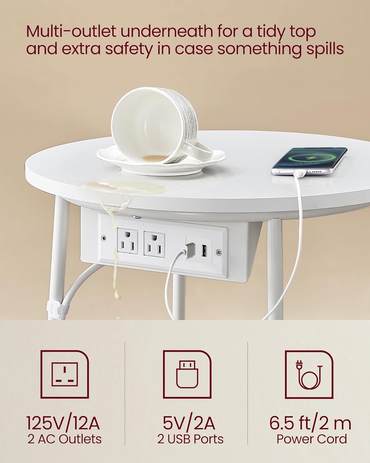 ULET228W01 VASAGLE LILEA Collection - Side Table with Charging Station, Round End Table with Fabric Basket, Nightstand
