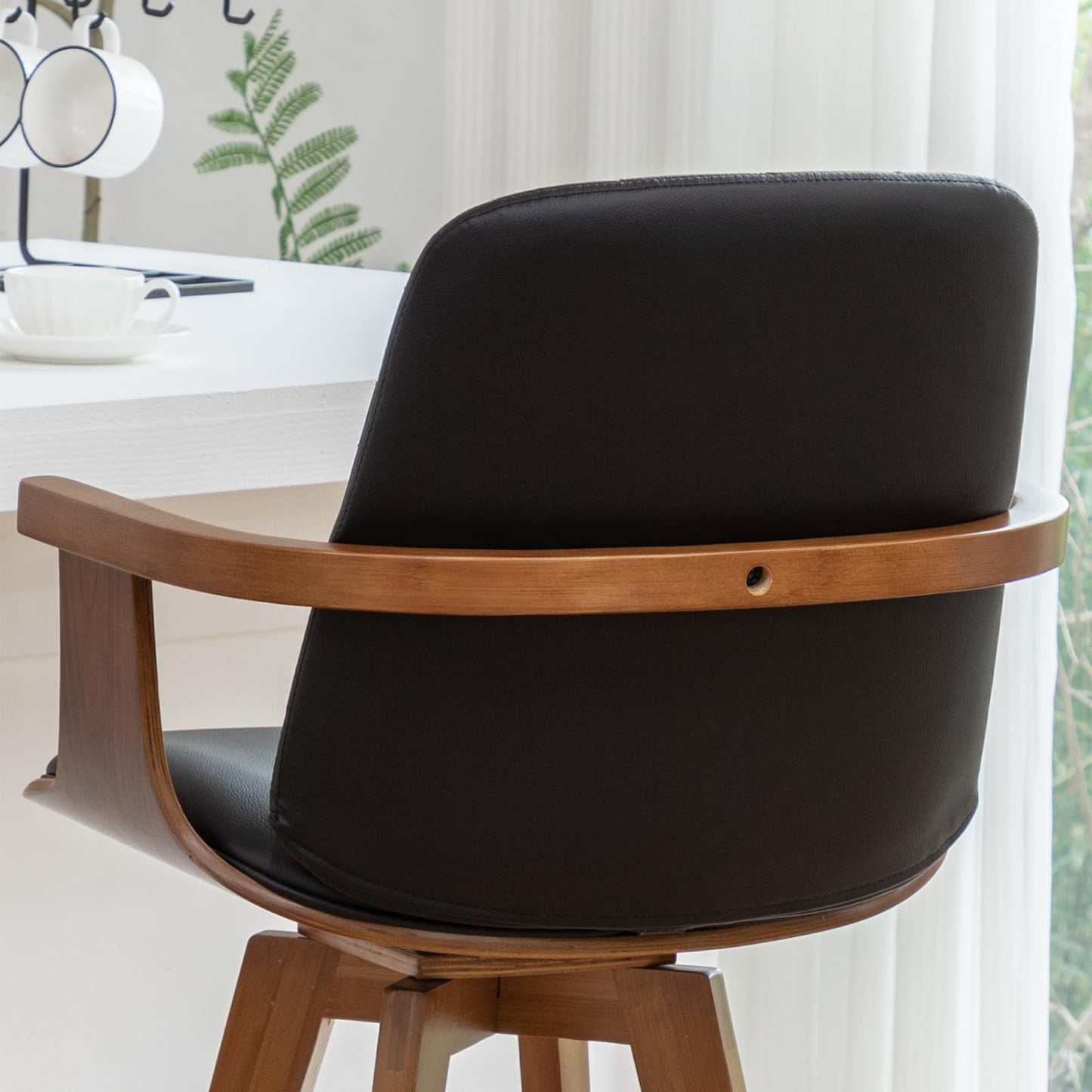 Set of 2 Bar Height Bar Stools - 29.12 inch Swivel Bar Stools with Curved Back and Arms, Walnut Craftsmanship, Upholstered Seat, Mid Century BarStools for Bar/ Pub/Island/Cafe (29" Seat Height, Black)