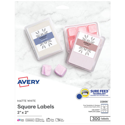 Avery Printable Square Labels, 2" x 2", Matte White, Laser & Inkjet Compatible, 300 Blank Labels Total, Great for Branding, Packaging, Events, and More (22806)
