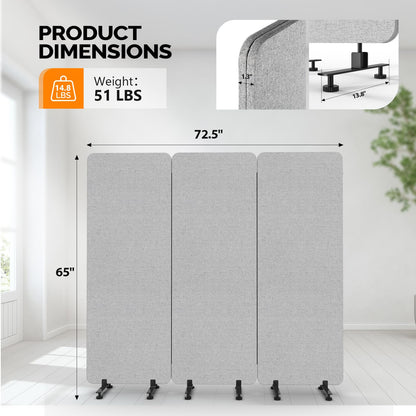 VINGLI Room Divider Screen, Freestanding Privacy Partition Wall, Zipper Connected Panels with Wheels, Office Space Separator (Light Gray, 3 Panel)