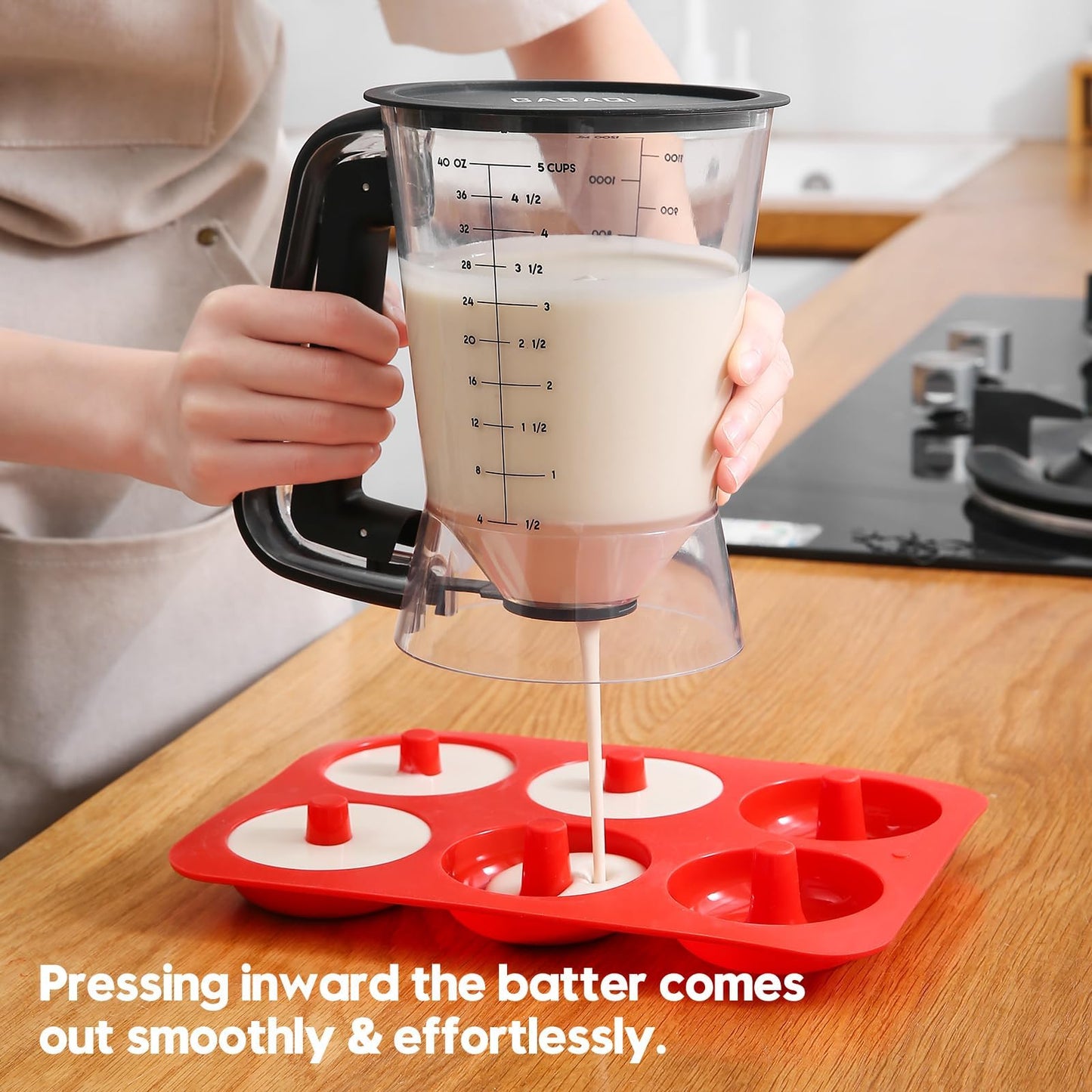 GAGAQI Pancake Batter Dispenser 5 Cup with Sturdy Handle,Batter Separator for Pancakes, Cupcake, Waffle, Muffin Mix, Cake & Crepe Batter pitcher with Squeeze Handle Baking Tools-Black
