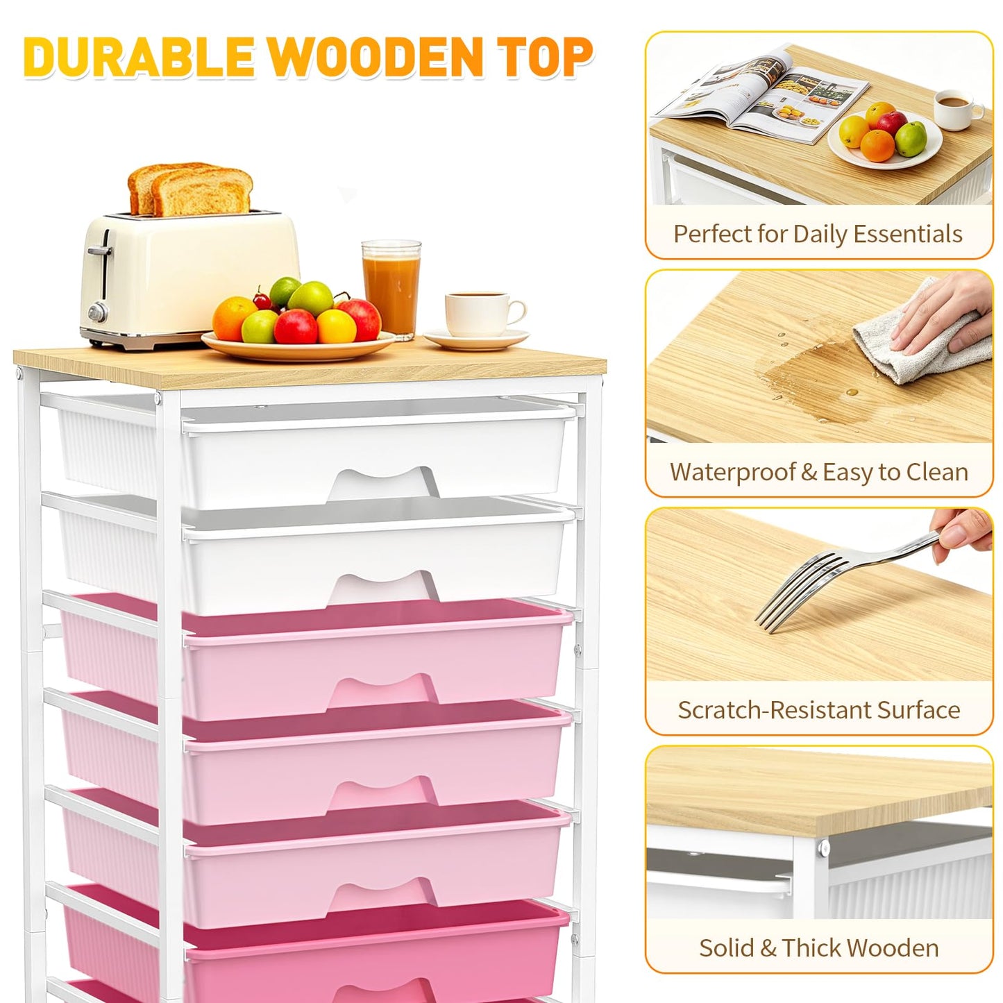 SUNALLY Rolling Storage Utility Cart with 8 Drawers, Storage Drawer Cart with Wooden Tabletop and 2 Lockable Wheels, 8 Tier Rolling Cart for Craft Art Supply Storage & Home Office Organization, Pink