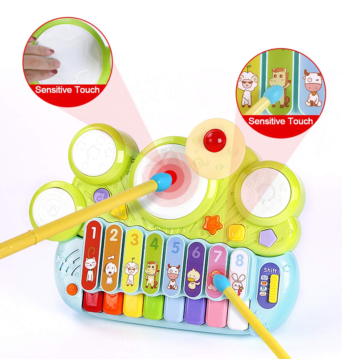 Fisca 3 in 1 Musical Instruments Toys, Electronic Piano Keyboard Xylophone Drum Set - Learning Toys with Lights for Baby & Toddler 1 2 3 Year Old Boys and Girls