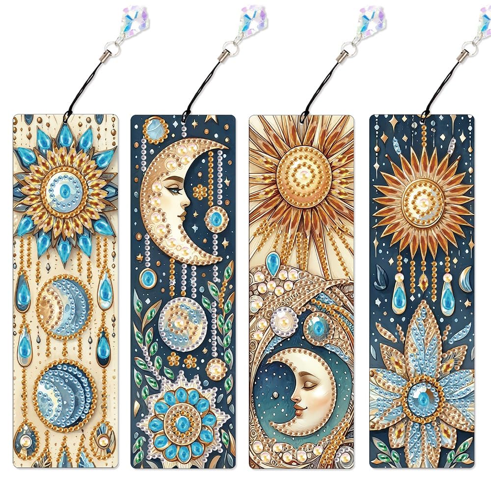Focart 4 Pack Diamond Painting Bookmark Kits of Sun and Moon, Special Shaped Diamond Art Bookmarks with Pendant, DIY Handmade Crafts Home Office Supplies Reading Bookmark for Book Lovers