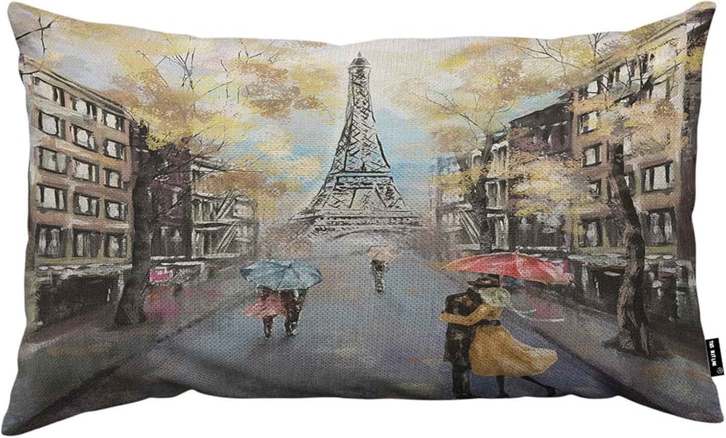Paris Pillow Cover 12x20 inch - Oil Painting Autumn Lovers Kiss on Rainy France Street Decorative Throw Pillow