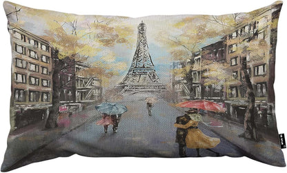 Paris Pillow Cover 12x20 inch - Oil Painting Autumn Lovers Kiss on Rainy France Street Decorative Throw Pillow