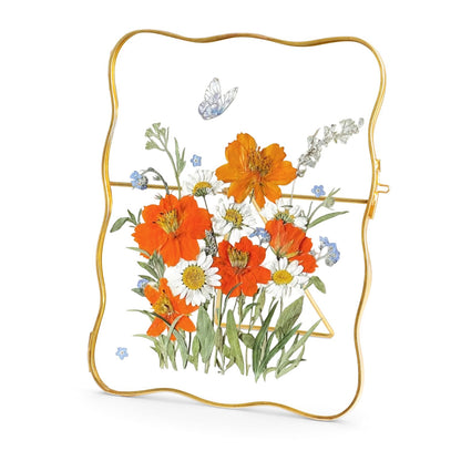Himitimi Double Glass Frame for Pressed Flowers, 6x8 Inch Handmade Wave Pressed Flower Frame Metal Floating Picture Frame for Tabletop Display DIY Artwork Home Decor(Gold)