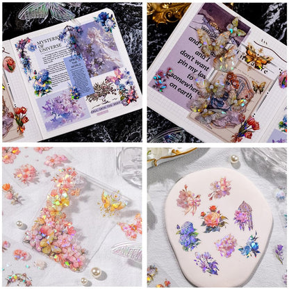 MAFELOE PET Scrapbook Stickers, 100 Sheets of Box Set, Aesthetic Deco Journaling Supplies for Junk Bullet Album Calendars Diary Planner- Flower& Butterfly Series
