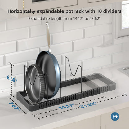 PanPanPal Pots and Pans Organizer under Cabinet, Expandable Pot Lid Organizer Holder with 10 Adjustable Compartment, Pan Organizers inside Cabinet for Lids, Bakeware, Kitchen Storage Pot Rack, Black