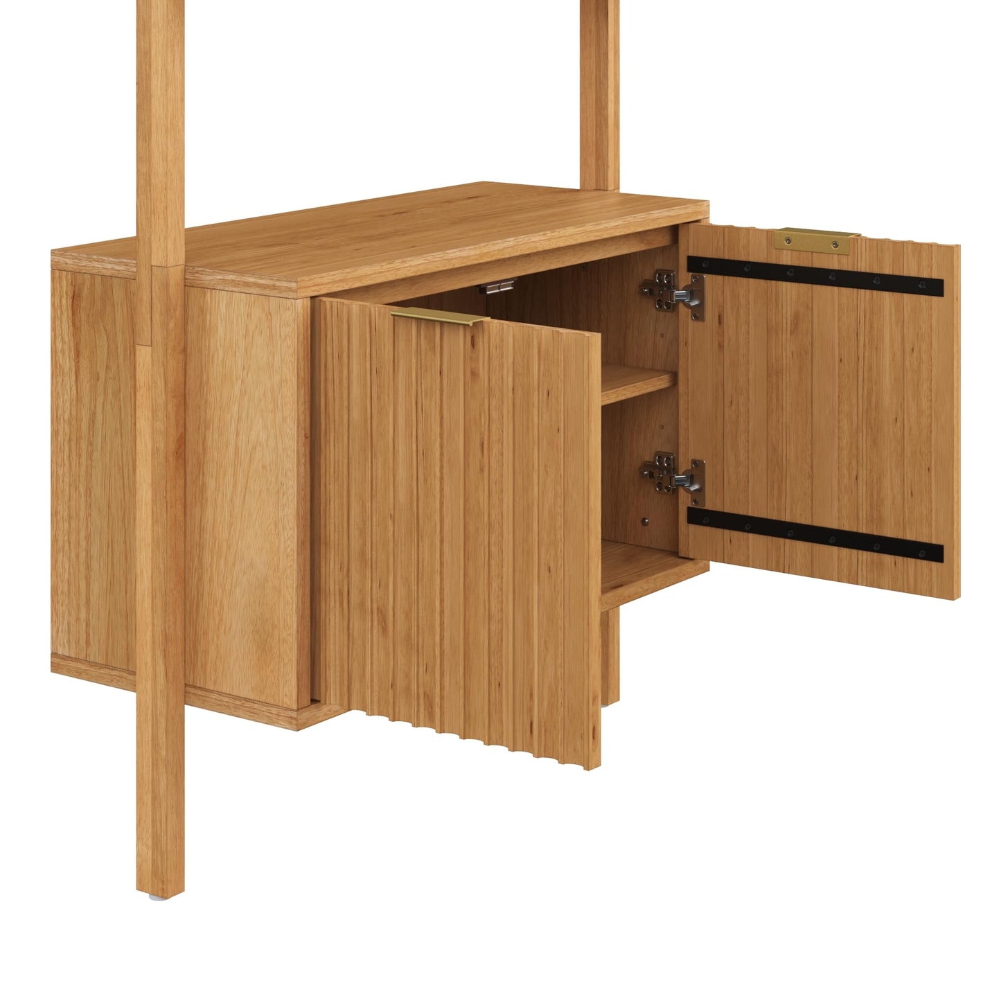 Nathan James Jasper 3-Shelf Solid Wood Boho Bookshelf, Wall Mounted Bookshelf with Cabinet with Fluted Doors, Natural Brown