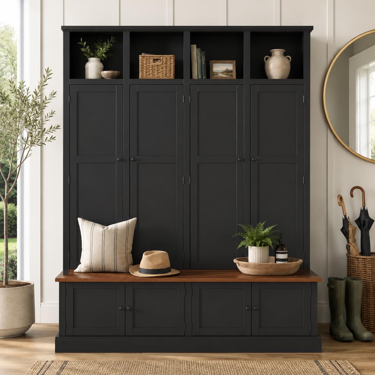 FILWY Vibe Haus 76.7 Inch Farmhouse Hall Tree, 4-in-1 Entryway Bench with Coat Rack, Cabinet, Open Cubbies and Hooks, MDF Storage Organizer for Hallway, Mudroom, Living Room,Black