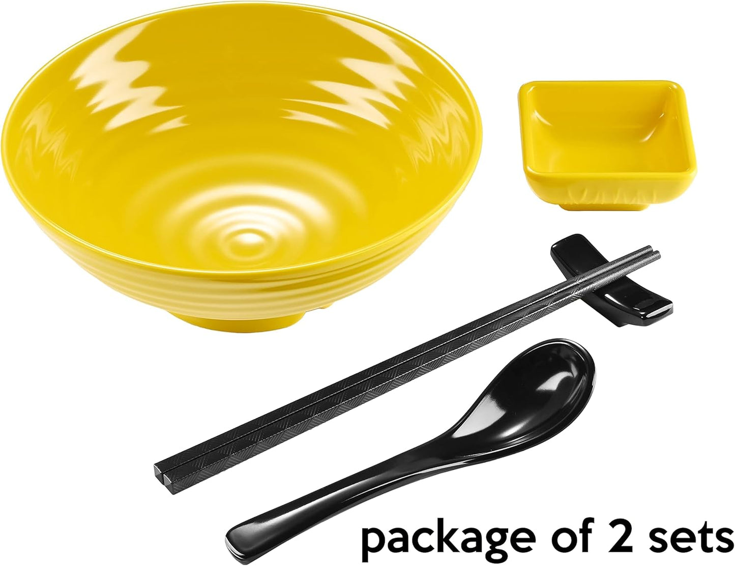 Unbreakable Ramen Bowl Set with Chopsticks and Spoon, 2 Large Japanese Style Melamine Bowls for Pho Soup, Yellow