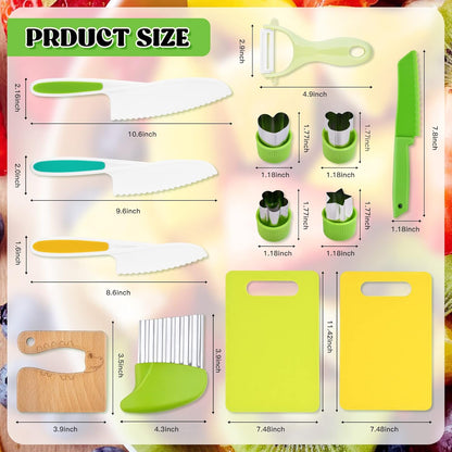 Montessori Kids Kitchen Knife Set, 13 Pieces Wooden Knives for Real Cooking, Includes 4 Toddler Safe Knives & Cutting