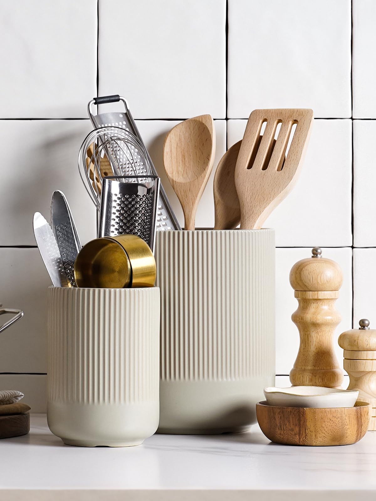 LE TAUCI Utensil Holder for Kitchen Counter, 7.3"+5.4" Fluted Ceramic Utensil Crock Organizer for Countertop, Heavy Large Holder for Spatulas, Spoons, Set of 2, Oatmeal Greige