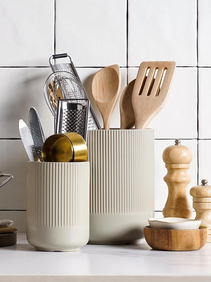 LE TAUCI Utensil Holder for Kitchen Counter, 7.3"+5.4" Fluted Ceramic Utensil Crock Organizer for Countertop, Heavy Large Holder for Spatulas, Spoons, Set of 2, Oatmeal Greige