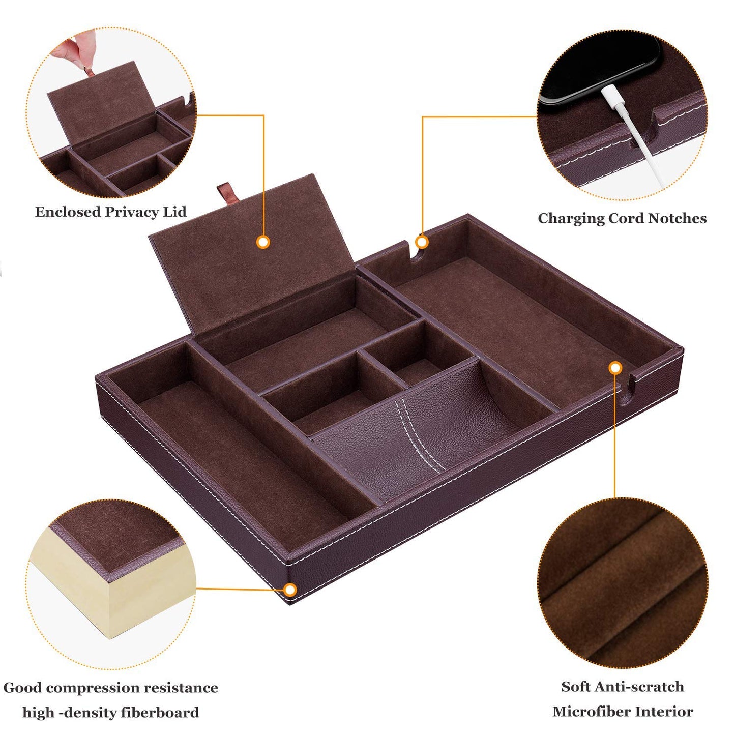 Baoyun Mens Nightstand Organizer, Leather Valet Tray for Men, EDC Catchall Tray with Phone Charging Station, Dresser Top Organizer, 6 Compartments Entryway Valet Box for Wallet, Keys, Phone