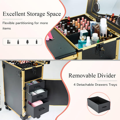 Gdsshuhung Portable Nail Desk with LED Mirror, Heavy Duty Foldable Manicure Table with 3 Drawers, Rolling Makeup Train Case Cosmetology Trolley on Wheels, Mobile Nail Tech Workstation (Gold)