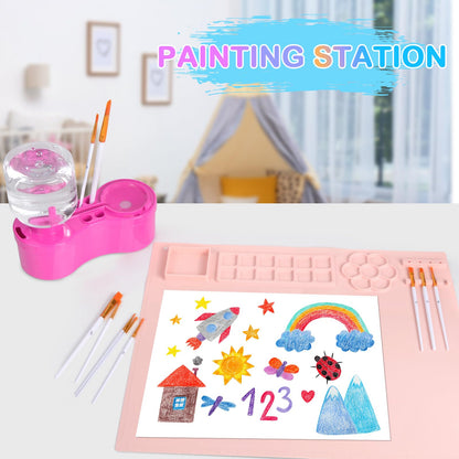 Mikiwon Painting Station, Paint Brush Cleaner and Silicone Art Mat 20"X16" with 10 Paint Brushes, Paint Brush Rinser, Art Supplies Set (Pink)