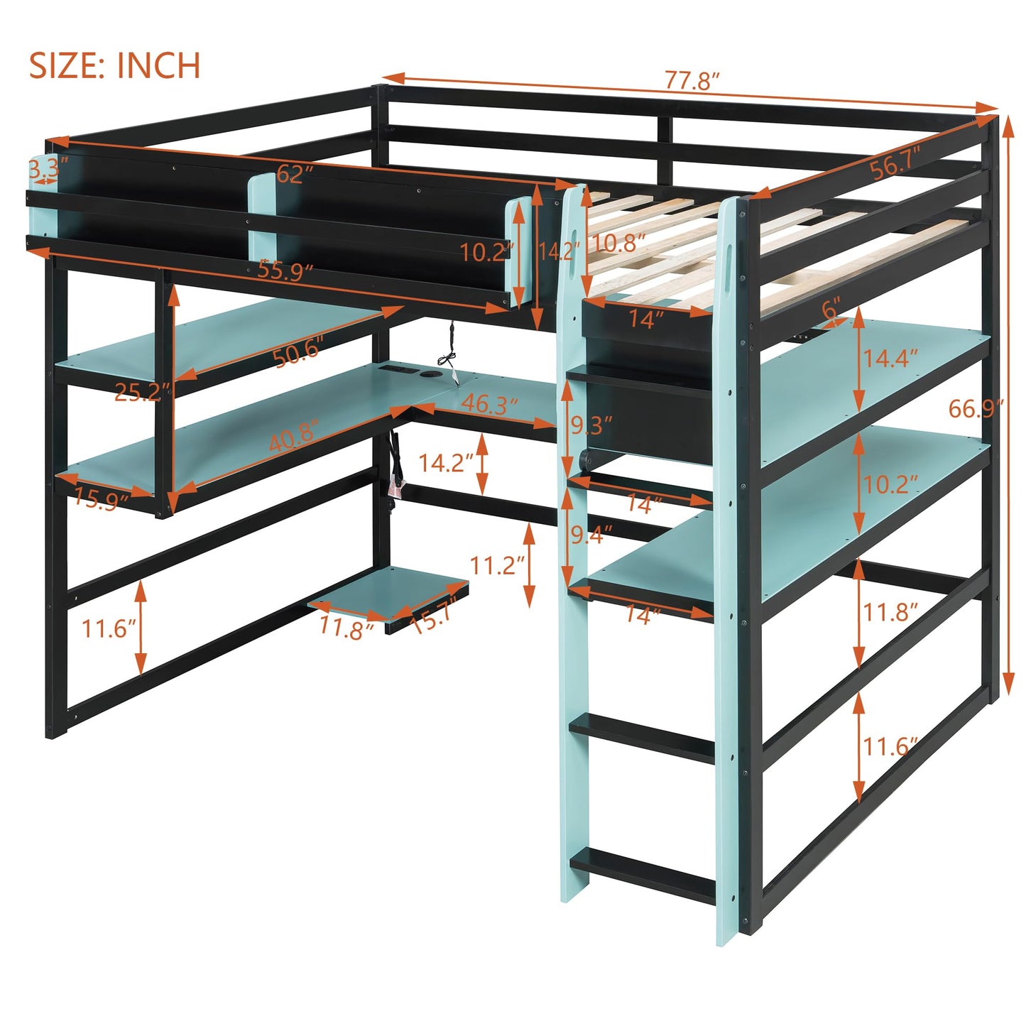 DNYN Gaming Loft Bed with Built-in Desk and Storage Shelves for Teens/Adults Bedroom, Space-Saving Full Size Wooden Bed Frame with LED & Side Race, No Box Spring Needed