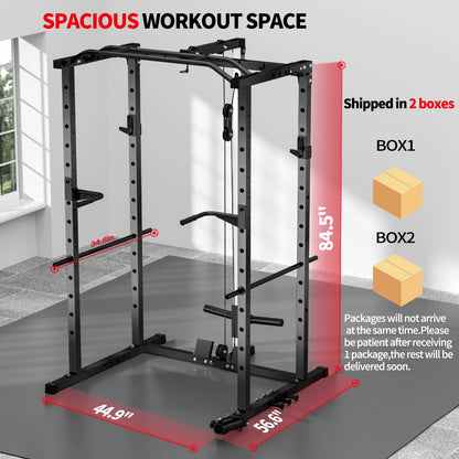 JEEKEE Power Rack with LAT Pulldown, 2000LBS Power Cage with Cable System, Multi-Function Squat Rack with J-Hooks, Safety Bars, Landmine, Pull Up Bar & Attachments for Home Gym Strength Training,Black