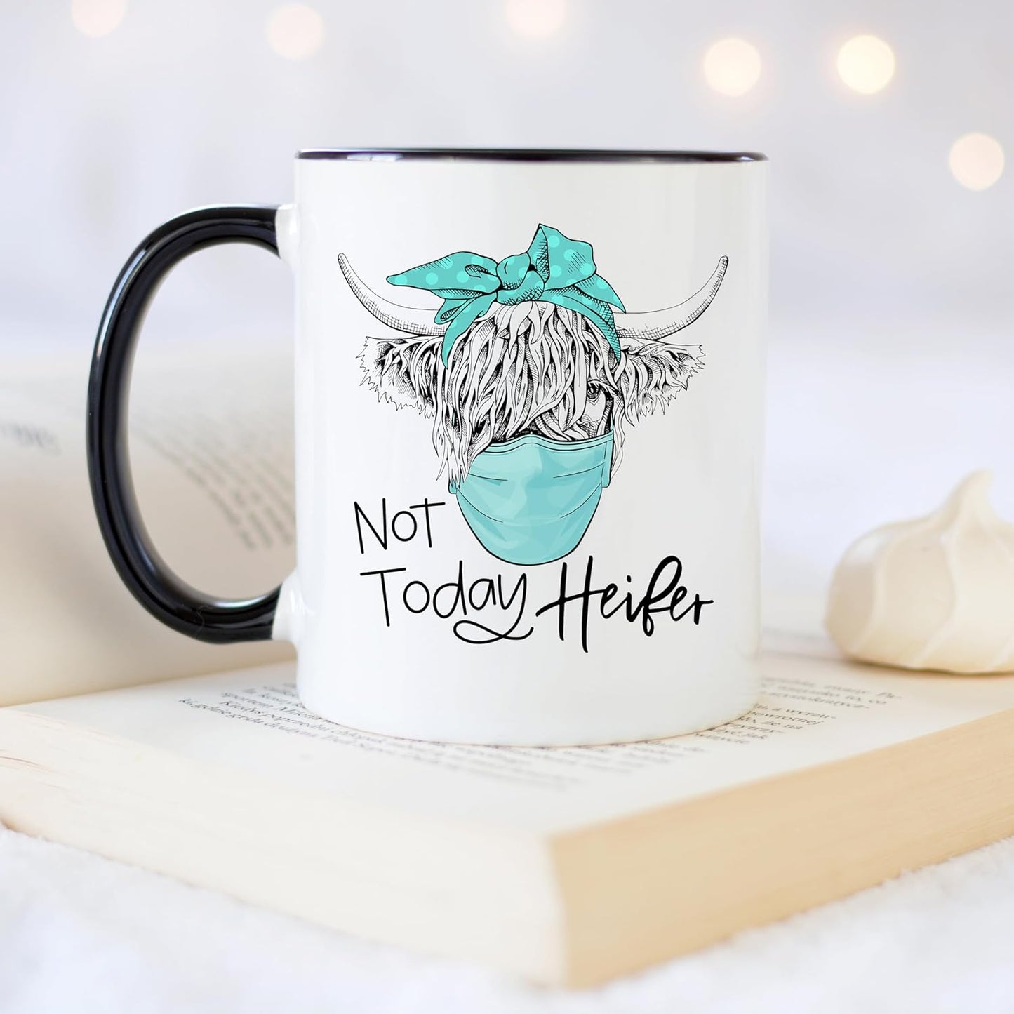 YouNique Not Today Heifer Mug - 11 Ounces Cow Coffee Mug - Social Distancing Cow Cup (Black Handle)