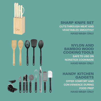 Gibson Home 74 Piece Kitchen in a Box Pots and Pans Cookware, Plates and Bowls Dinnerware, Cutlery Knife Block, Flatware Utensils, Tools & Gadgets, Storage, Glasses Set