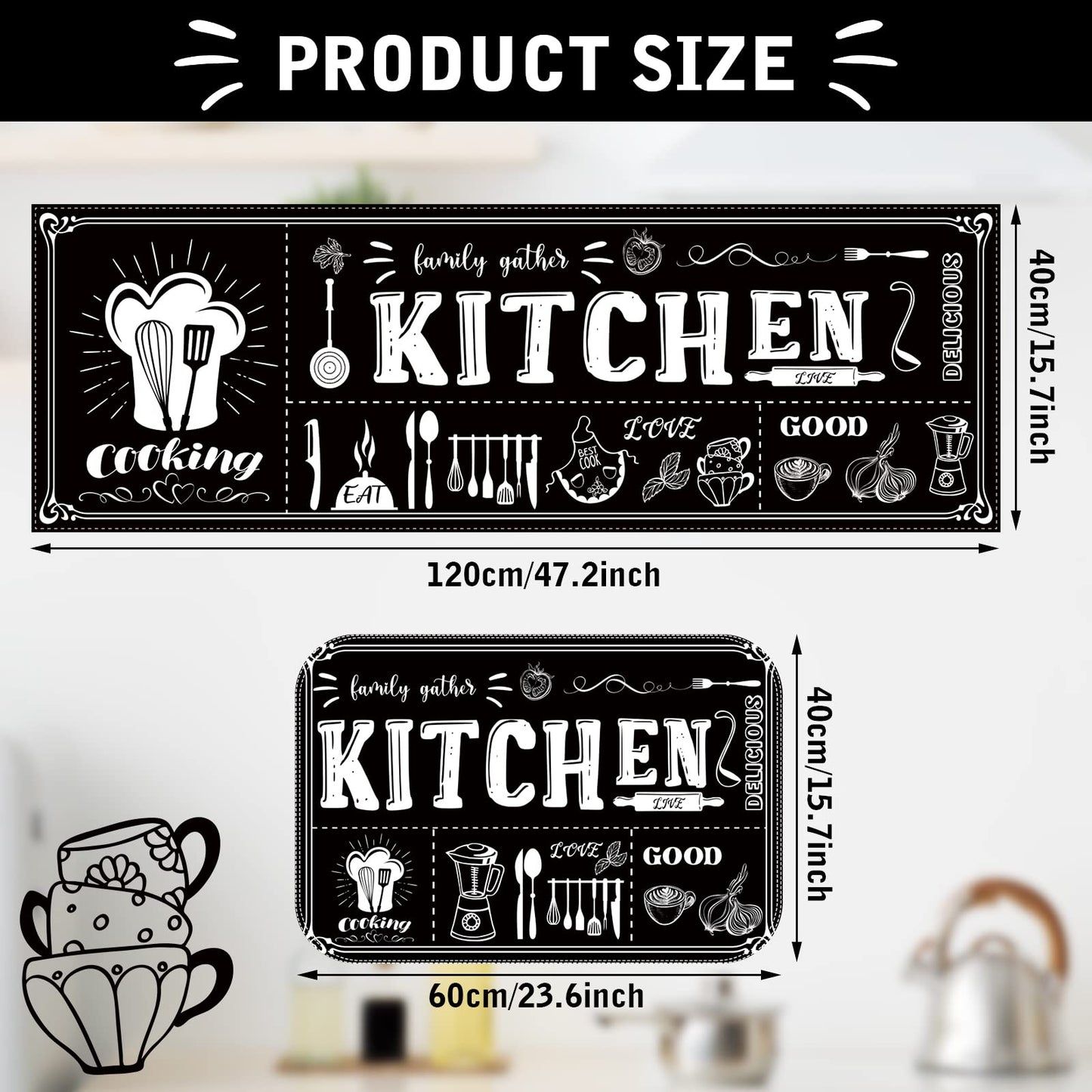 Sinmoe 3 Pcs Kitchen Rug Set Non Skid Thick Black Kitchen Rugs and Mats Stain Resistant Anti Fatigue Mats for Microfiber Floor Non Slip Backing Mat, 15.7" x 47.2", 15.7" x 23.6"